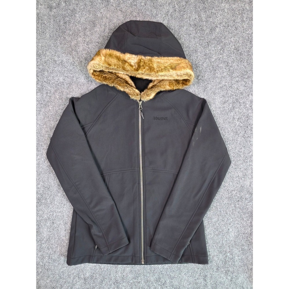 Marmot Softshell Jacket Womens Medium Black Faux Fur Hood Full Zip Fleece Lined